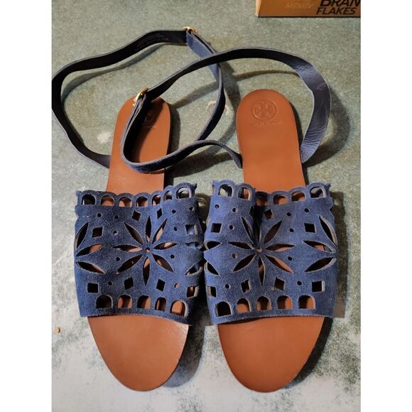 Tory Burch May flat Lancaster suede perfect navy ankle strap sandals sz 10.5 - Picture 4 of 4